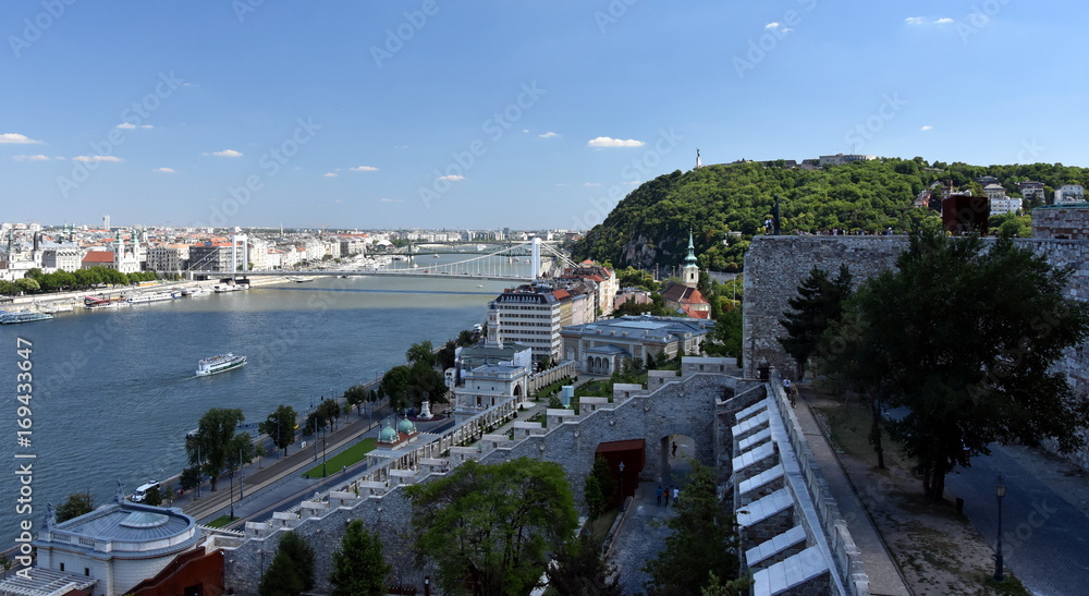 City of Budapest (Varkert Bazar, Elizabeth Bridge, Gellert Hill) - View from Fisherman's Bastion looking southeast along the Danube River, Budapest, Hungary.