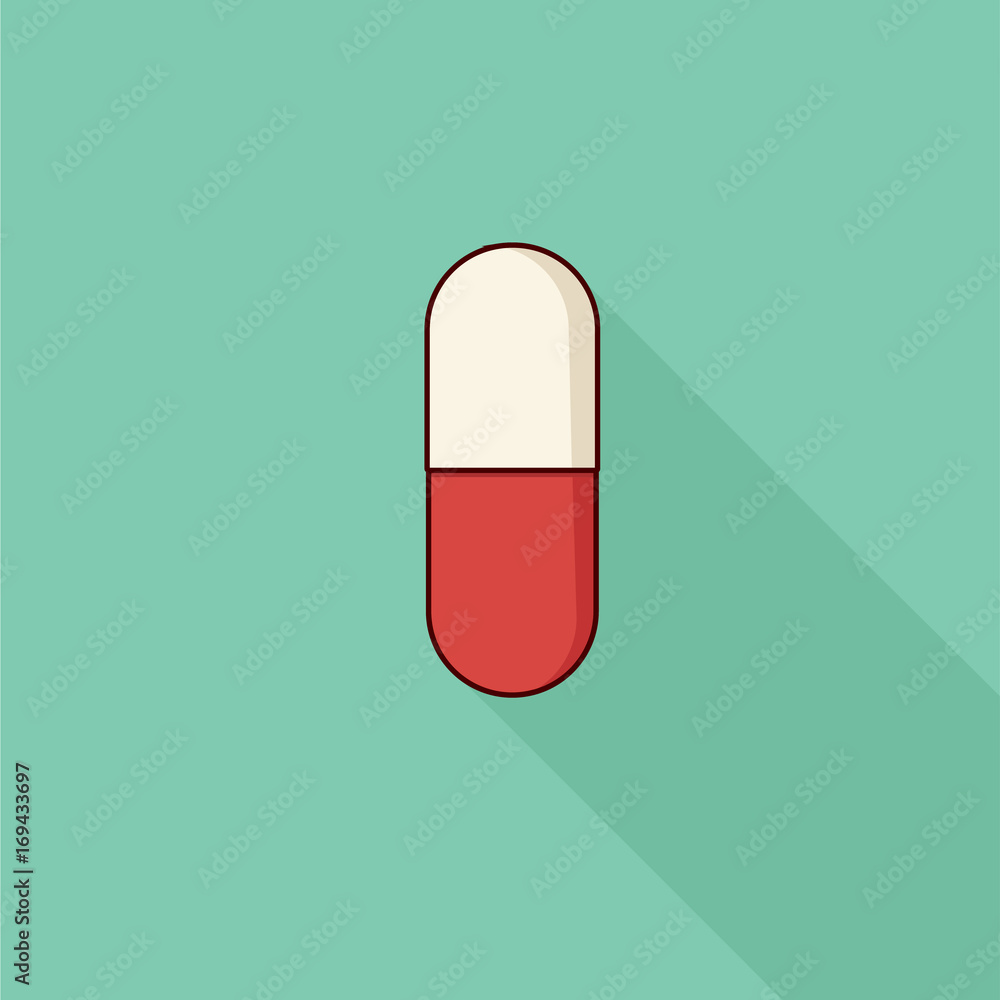 Modern icon pill, background green and flat style, medicine, long shadow Modern icon pill, background green and flat style, medicine, long shadow