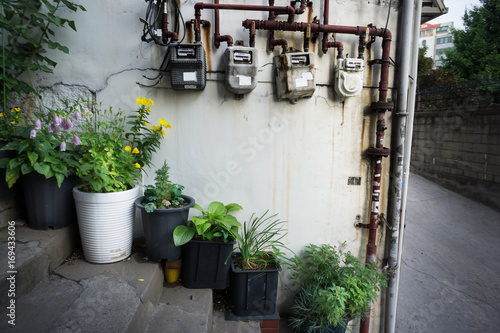 Old stairs and pots with vegetation. Vintage electric meters. Seoul, South Korea photo