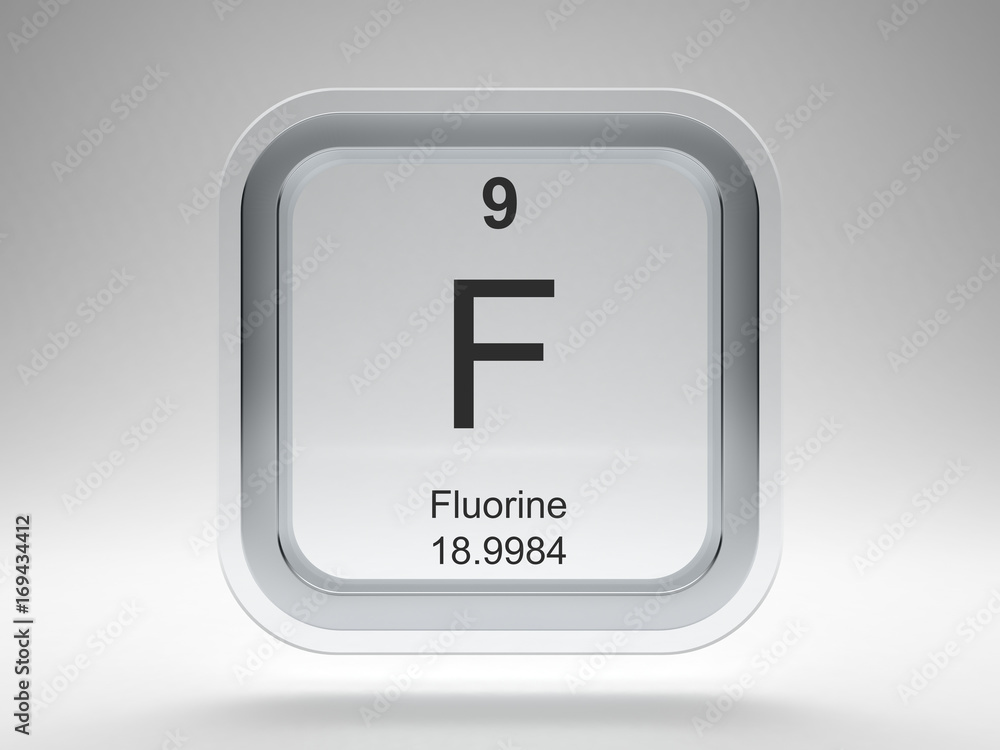 Fluorine symbol on modern glass and metal rounded square icon Fluorine symbol on modern glass and metal rounded square icon