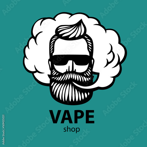 Hand-drawn hipster with mustache and beard. Man with vape and cloud. Electronic Cigarette. Vector. Stickers. logo. Emblem