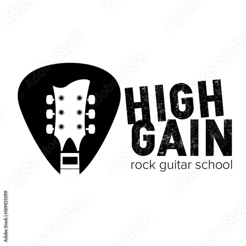 High Gain rock guitar school logo. Guitar neck  isolated plectrum shape