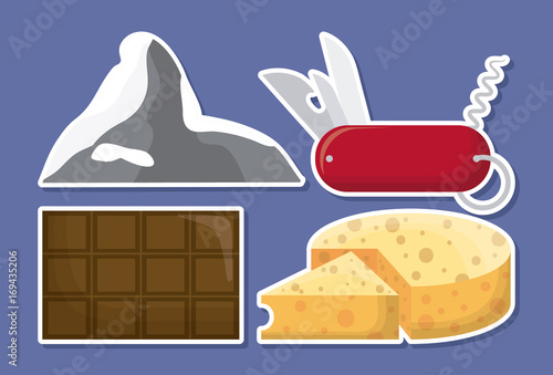 iconic swiss stuff icons over blue background colorful design vector illustration