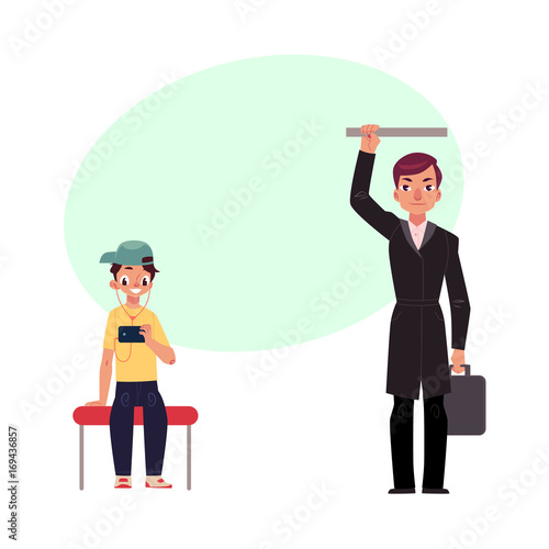 Businessman holding briefcase in subway, standing and holding handrail, young boy sits staring at phone, studen cartoon vector illustration with space for text.