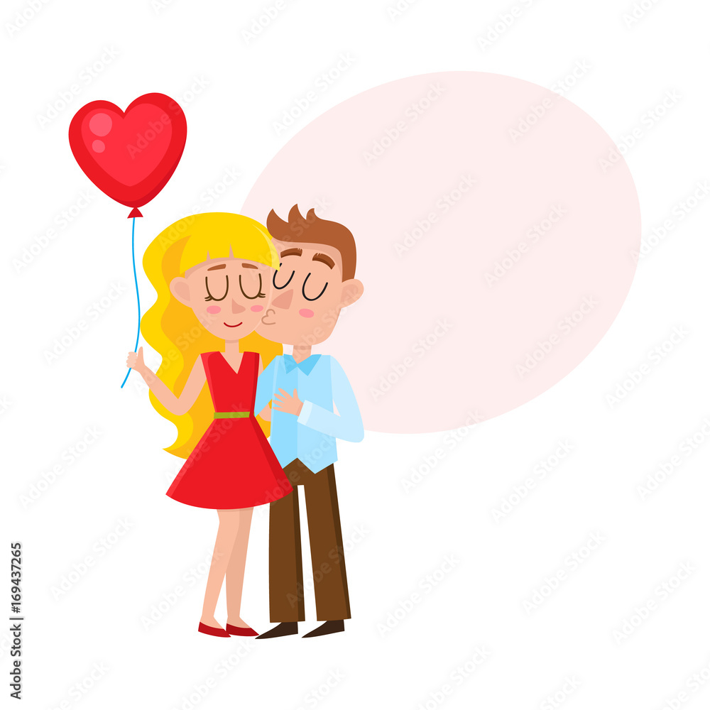 Loving couple, boy kissing pretty blond girl holding heart shaped balloon, cartoon vector illustration with bubble speech. Loving, kissing couple, romantic relationships, dating Loving couple, boy kissing pretty blond girl holding heart shaped balloon, cartoon vector illustration with bubble speech. Loving, kissing couple, romantic relationships, dating