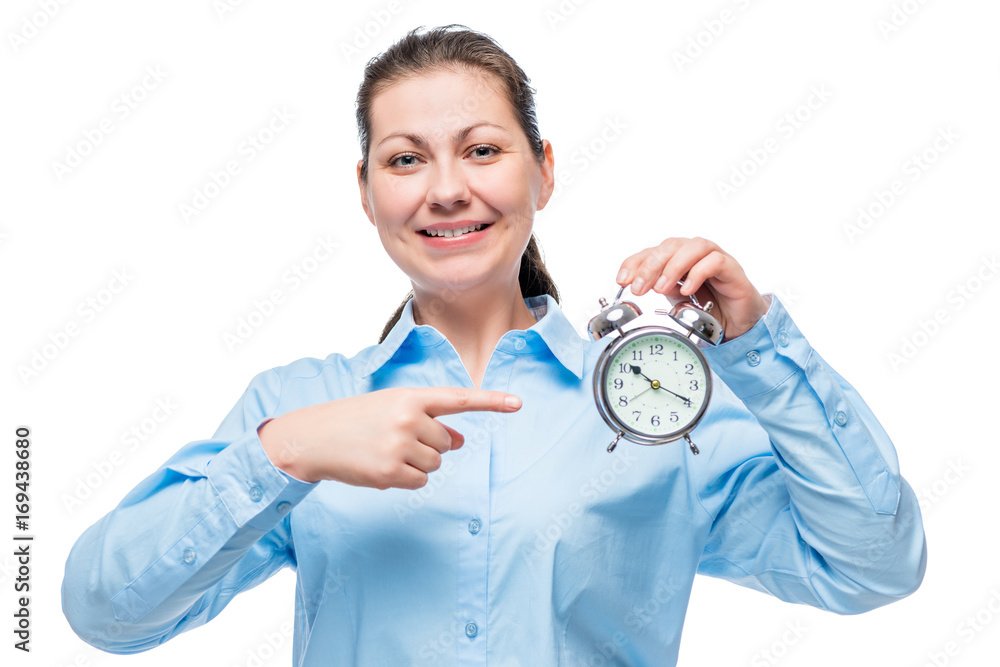 happy successful lady with an alarm clock in hand on a white background happy successful lady with an alarm clock in hand on a white background