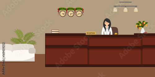 Hotel reception with Christmas decoration. Young woman receptionist stands at reception desk. Travel, hospitality, hotel booking concept. Vector illustration