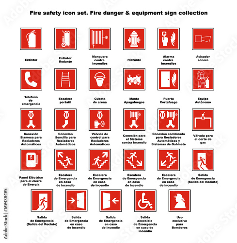 Fire safety icon set. Fire danger & equipment sign collection.