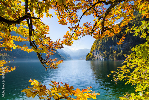 Fototapeta Naklejka Na Ścianę i Meble -  Lake Koenigssee with tourist boats in fall, Bavaria, Germany