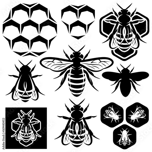 Set of monochrome honey emblems and design elements. Honeycombs, bees silhouettes