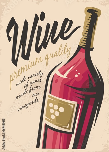 Wine poster with red wine bottle on old paper background