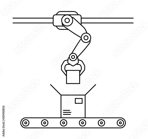 Thin line style assembly line. Automatic production conveyor. Robotic industry concept. Vector illustration.