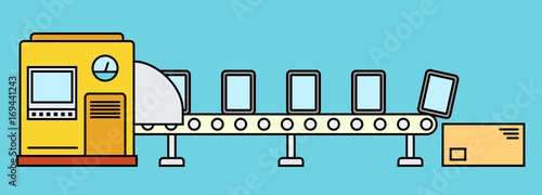 Thin line style assembly line. Automatic production conveyor. Robotic industry concept. Vector illustration.