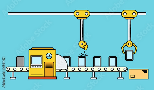 Thin line style assembly line. Automatic production conveyor. Robotic industry concept. Vector illustration.