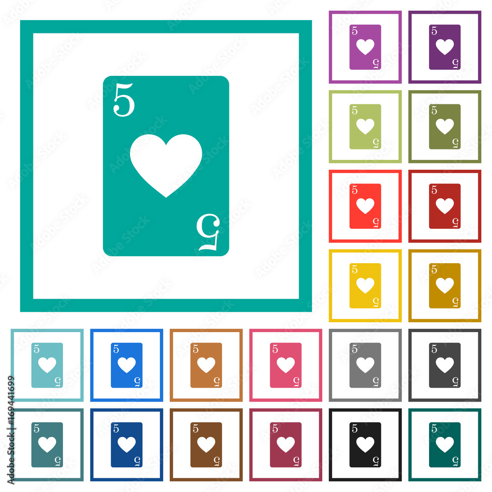 Five of hearts card flat color icons with quadrant frames Five of hearts card flat color icons with quadrant frames
