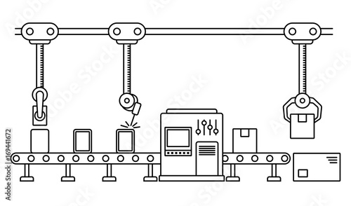 Thin line style assembly line. Automatic production conveyor. Robotic industry concept. Vector illustration. photo