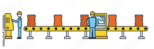 Thin line style assembly line. Automatic production conveyor. Robotic industry concept. Vector illustration.