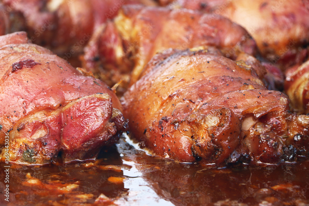Cooked pork leg meat close-up Cooked pork leg meat close-up