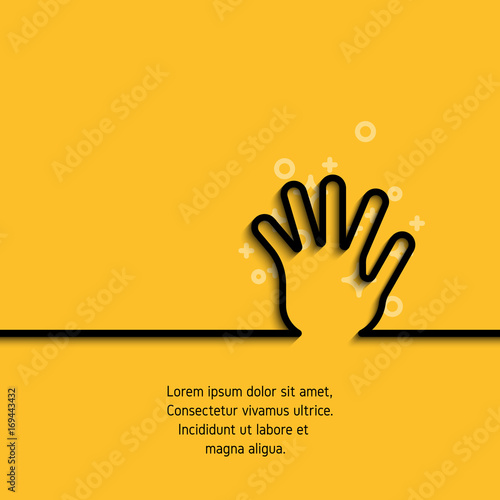 Icon of greeting hand in line art style. Outline symbol of gesture hand, palm and five fingers in circumference. Stroke mono linear pictogram. Vector banner on yellow background with sample text