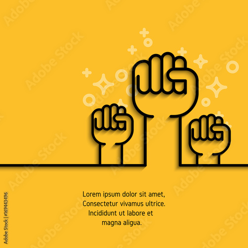 Gesture hand, fist raised simple line icon. Outline conceptual symbol of business, success, motivation, support concept. Stroke mono pictogram. Vector banner on yellow background