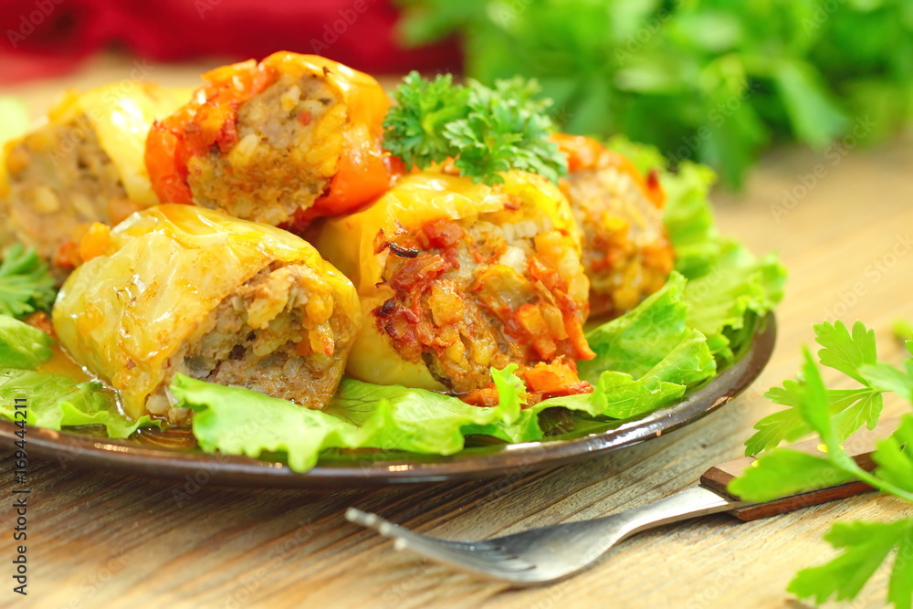 Baked peppers stuffed with meat, rice and vegetables Baked peppers stuffed with meat, rice and vegetables