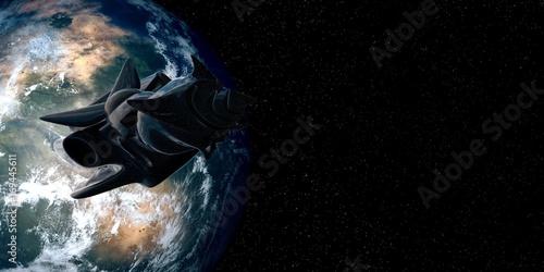 Extremely detailed and realistic high resolution 3D illustration of an Alien UFO Space Ship flying from an Earth like Exoplanet. Shot from Space. Elements of this image are furnished by Nasa.