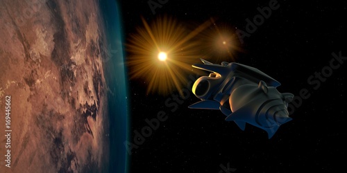 Extremely detailed and realistic high resolution 3D illustration of an Alien UFO Space Ship flying from an Earth like Exoplanet. Shot from Space. Elements of this image are furnished by Nasa.