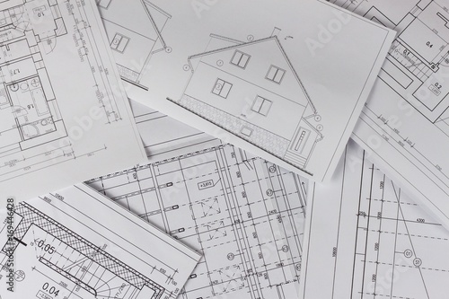 Plans of building. Architectural project. Floor plan designed building on the drawing. Engineering and technical drawing, part of architectural project.