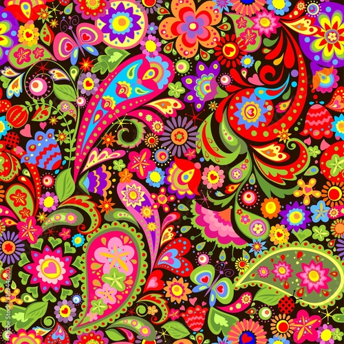 Summery decorative wallpaper with colorful flowers and paisley