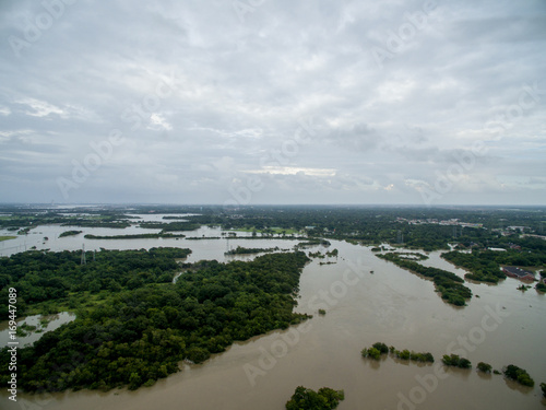 Fototapeta Naklejka Na Ścianę i Meble -  Aerial view of Clear Lake in League city near i45 between 518 and Nasa Road 1 during Hurricane Harvey 