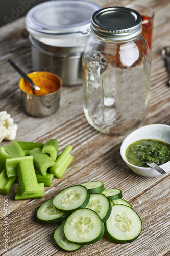 canning vegetables on a kitchen table