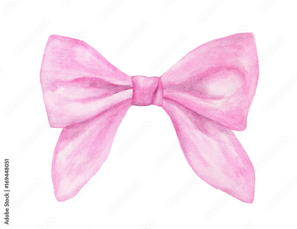 Pink gift bow isolated on white background. Watercolor illustration