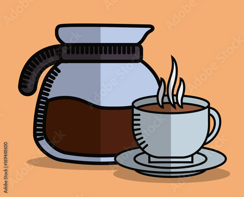 coffee pot and coffee mug icon over orange background colorful design vector illustration
