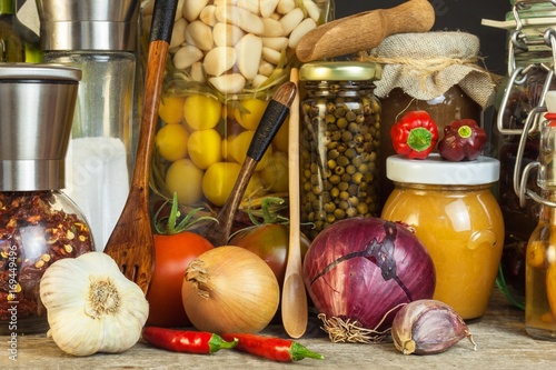 Fotografija Kitchen table and cooking ingredients