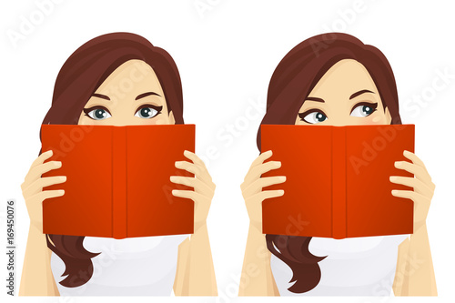 Woman reading a book and covering her face