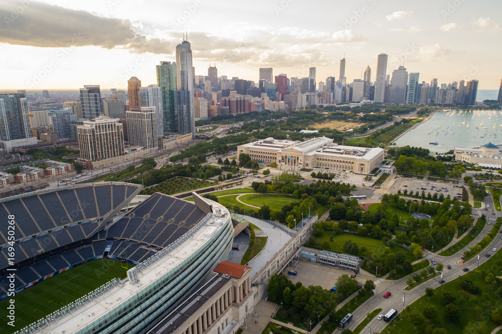 Aerial image of Soldier Field and Downtown Chicago