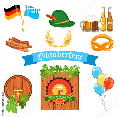 Set of flat design icons for Oktoberfest isolated on white vector.