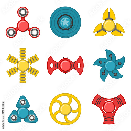 Extra style hand fidget spinner toy vector colorful icon set. Stress and anxiety relief. Colorful illustrations, logo design