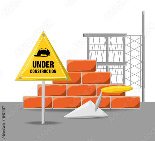 flat under construction warning with brick vector illustration design