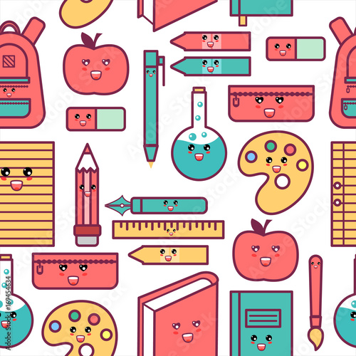 Kawaii school seamless pattern with cute education supplies.