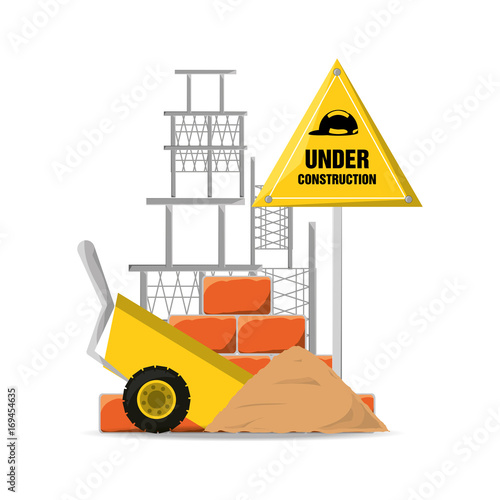 flat under construction warning and cart with cement vector illustration