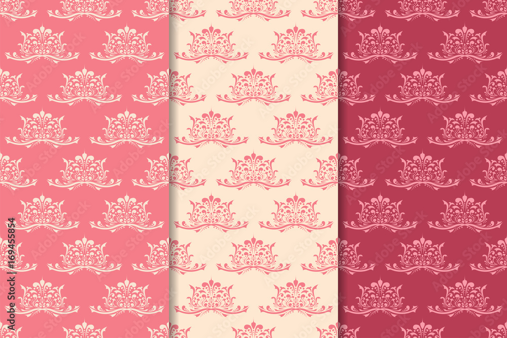 Set of red and pink floral seamless patterns