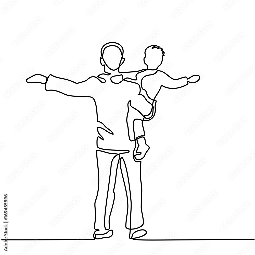 Continuous line drawing vector illustration. Father with son in his arms silhouette. Vector illustration Continuous line drawing vector illustration. Father with son in his arms silhouette. Vector illustration