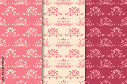 Set of red and pink floral seamless patterns