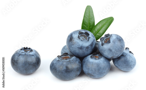 blueberries with green leaf isolated on white background. macro