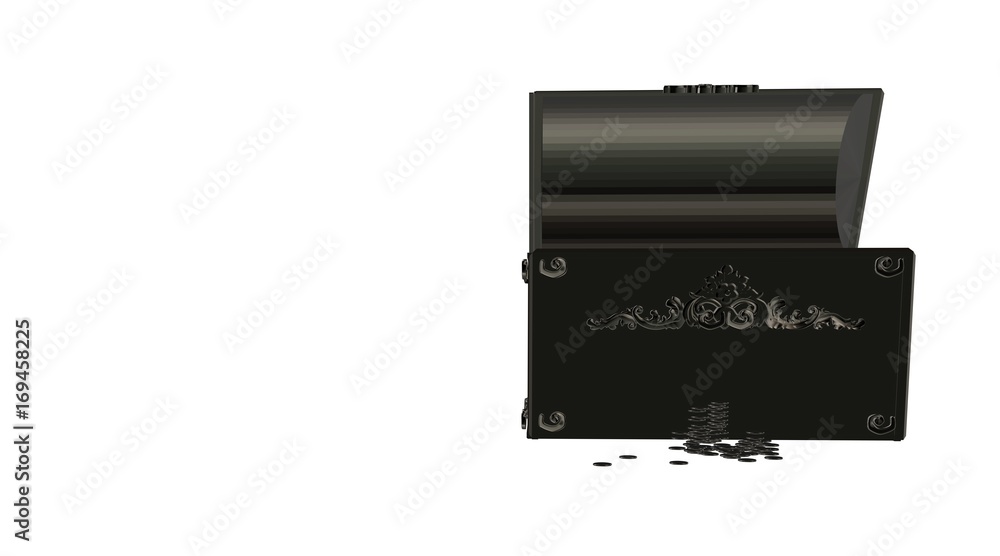 3d rendering of a reflective treasure box with coins near it 3d rendering of a reflective treasure box with coins near it