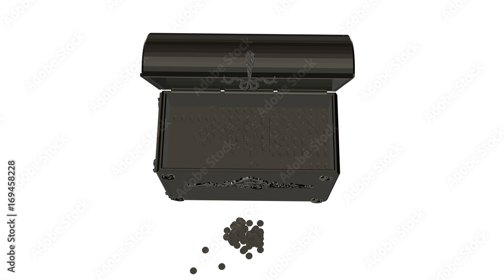 3d rendering of a reflective treasure box with coins near it 3d rendering of a reflective treasure box with coins near it