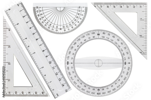 Set of drawing tools, ruler, protractor triangle, isolated on white background