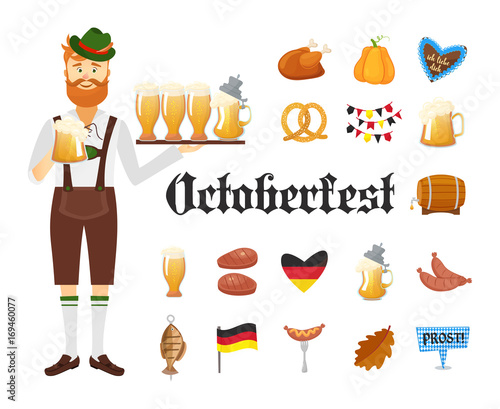 Smiling Bavarian man with red beard and moustache, dressed in traditional costume and hat with beer glasses and set of Oktoberfest icons. Traditional symbols of autumn holiday of beer isolated on