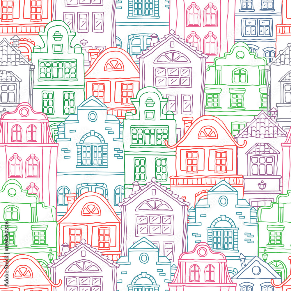Seamless colored contour pattern with houses . Vector doodles